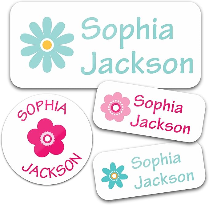 Bunny Badges Personalized Daycare Name Labels for Kids (130 Labels) - Custom Waterproof Name Stickers for Clothing Tags, Water Bottles, Lunch Boxes and School Supplies (Flowers)
