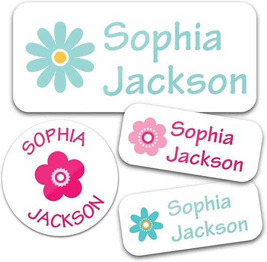 Bunny Badges Personalized Daycare Name Labels for Kids (130 Labels) - Custom Waterproof Name Stickers for Clothing Tags, Water Bottles, Lunch Boxes and School Supplies (Flowers)