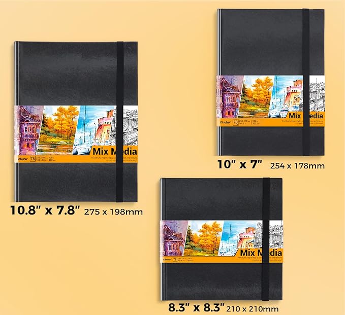 Ohuhu Mixed Media Pad - 8.3" x 8.3" Square Mix Media Sketchbook, 120 lb/200 gsm Heavyweight Papers, 78 Sheets/156 Pages, PU Hardcover Multi-Media Paper Pad for Acrylic Painting Christmas Gift
