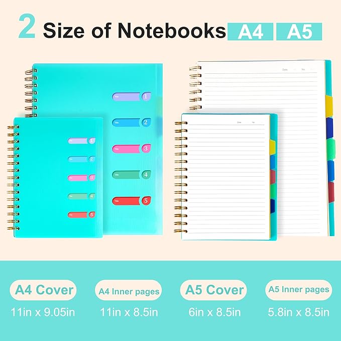 Yoment 5 Subject Notebook College Ruled Small Spiral Notebook 5x7 with Removable Dividers 270 Pages Notebooks for Work Multi Subject Notebook for Note Taking School, A5 Green
