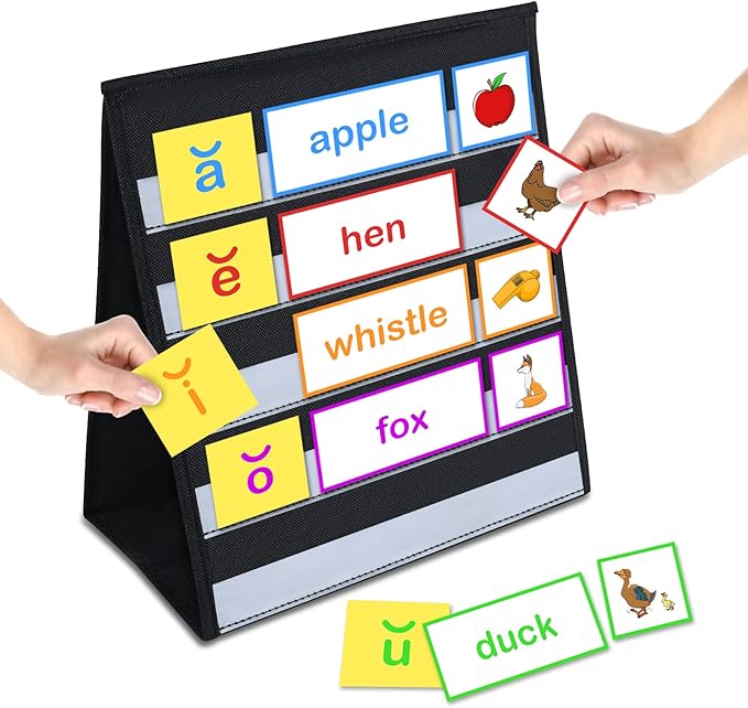 Tabletop Pocket Chart for Classroom or Home,Small Double Sided Stand Pocket Chart – Fits Standard 3” Sentence Strips and Cards (Black)
