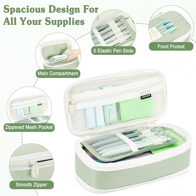MoKo 49Pcs Aesthetic School Supplies, Green Cute Pencil Case Set with Pastel Highlighters, Mechanical Pencils with Refills, Eraser & Sticky Notes Tabs Set for Middle & College Students Stationery