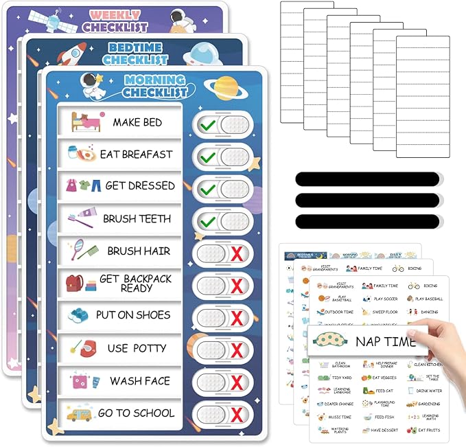 3 in 1 Bedtime/Morning/Weekly Astronaut Routine Chart for Kids, Magnetic Chore Chart for Toddlers, Visual Schedule for Kids Toddlers Schedule Board for Home