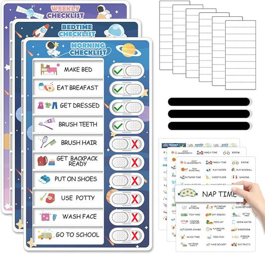 3 in 1 Bedtime/Morning/Weekly Astronaut Routine Chart for Kids, Magnetic Chore Chart for Toddlers, Visual Schedule for Kids Toddlers Schedule Board for Home