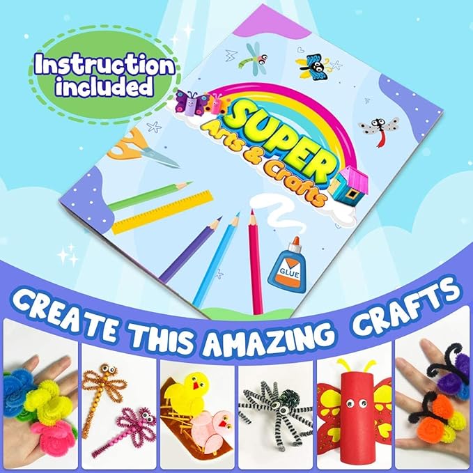 FUNZBO Arts and Crafts Supplies for Kids - Kindergarten School Craft Kit with Glitter Glue Stick, Glue, Pipe Cleaners Craft and Kids' Scissor, Birthday Gifts for Toddler Girls Boys Age 4+