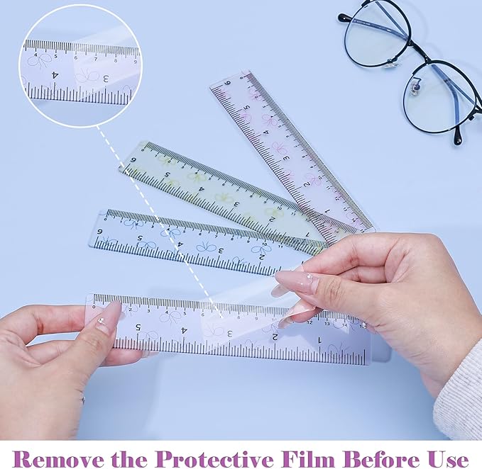 BAYTORY 4Pcs Transparent Acrylic Ruler 6 Inch, Clear Plastic Straight Rulers, Shatterproof Student Stationery Centimeters with Inches, for Classroom Essentials School Supplies (Bowknot 6 Inch)