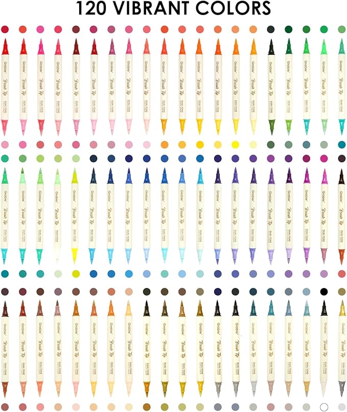 Grabie 120 Colors Acrylic Paint Markers, 60 Pack Dual Tip Soft Brush Acrylic Markers, Water-Based Paint Pens for Paper, Rock Painting, Wood, Canvas, Glass, Fabric, DIY Craft Art Supplies for All Ages