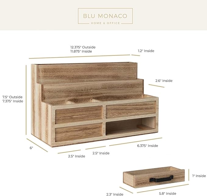 BLU MONACO | Natural Wood Mail Organizer with Drawer & Pen Holder | Rustic Desk Organizer for Bills, Letters & Countertop Storage | Wooden Desktop Mail Sorter for Home & Kitchen