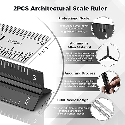 2 Pcs Architectural Scale Ruler 12 Inch, Aluminum Architect Ruler & Metal Ruler Set, Imperial Engineer Scale for Blueprints, Drafting Ruler for Architects, Students, Draftsmen, and Engineers (Black)