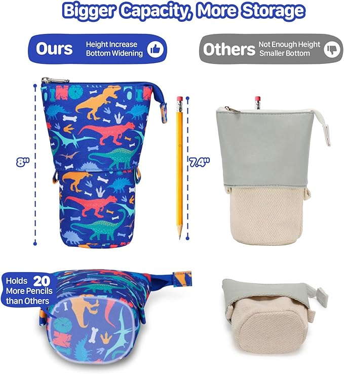 Standing Pencil Case for Boys - Telescopic Kawaii Pencil Pouch for Kids, Big Capacity Stand Up Stationery Pouch for School Students, Blue Dinosaur