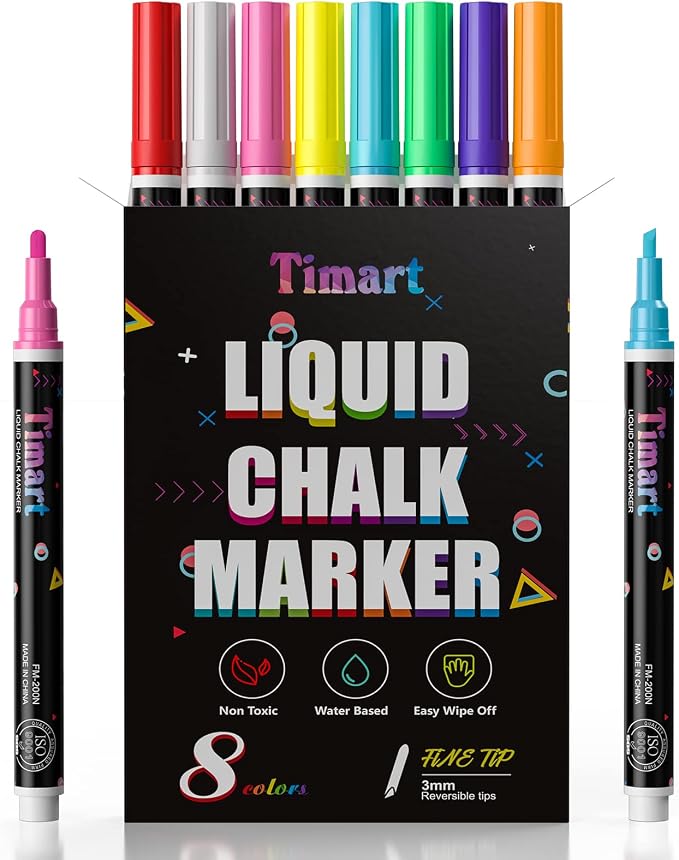 Timart Liquid Chalk Markers, 3mm Fine Tip Chalk Pens, 8 Colors