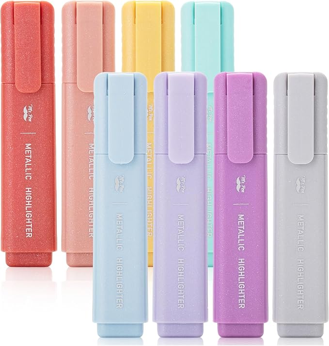 Mr. Pen- Glitter Highlighters, 8 Pack, Metallic Colors, Chisel Tip Highlighter Markers with Shimmer Finish, Smooth Writing Ink for Journaling, Note-Taking, Planning, School, Office & Creative Use