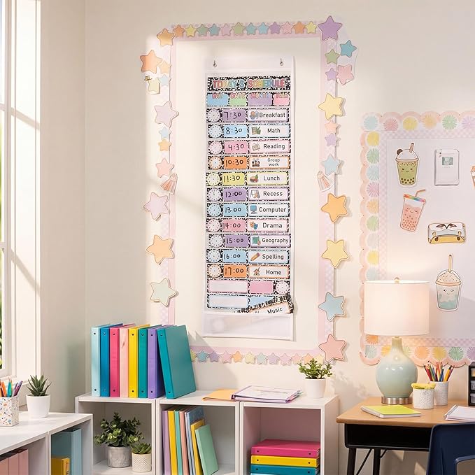 Gueevin Daily Schedule Pocket Chart for Classroom, 15+1 Pockets with 32 Pcs Double-Sided Reusable Cards Daily Schedule Pocket Chart Decor for Classroom School Home Activity Office Supplies (Notebook)