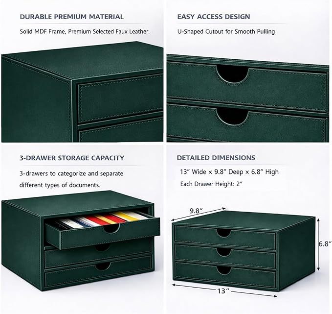 UnionBasic Document Organizer, 3-Drawer File Cabinet Document Storage Box, Office Desktop Filing Organizer, Dark Green