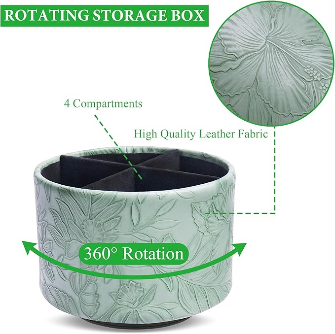 Round Leather Art Supply Organizer,Remote Control Holder,360 Degree Spinning,Multi-Functional Pencil Holder,4 Compartments Desktop Stationary Organizer(1-Carved Dark Green)