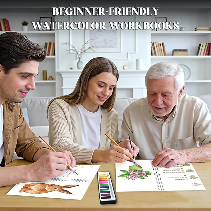 2Pcs Watercolor Workbook Beginner-Friendly Watercolor Workbook with Step by Step for Adults for Adults with 12 Colors Paint, Beginner Watercolor Painting Kit Watercolor Paper Valentine's Day Gift