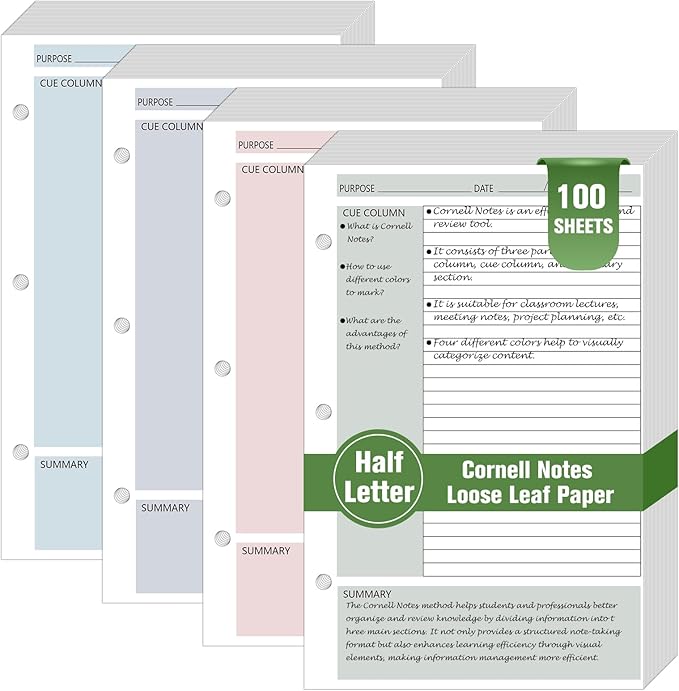 100 Sheet Half Letter Cornell Notes Loose Leaf Paper for 3 Ring Mini Binder 5.5" x 8.5" Lined Paper 9/32" Spacing Cornell Notebook Refills Taking System Filler Paper Bulk for School Office 80gsm