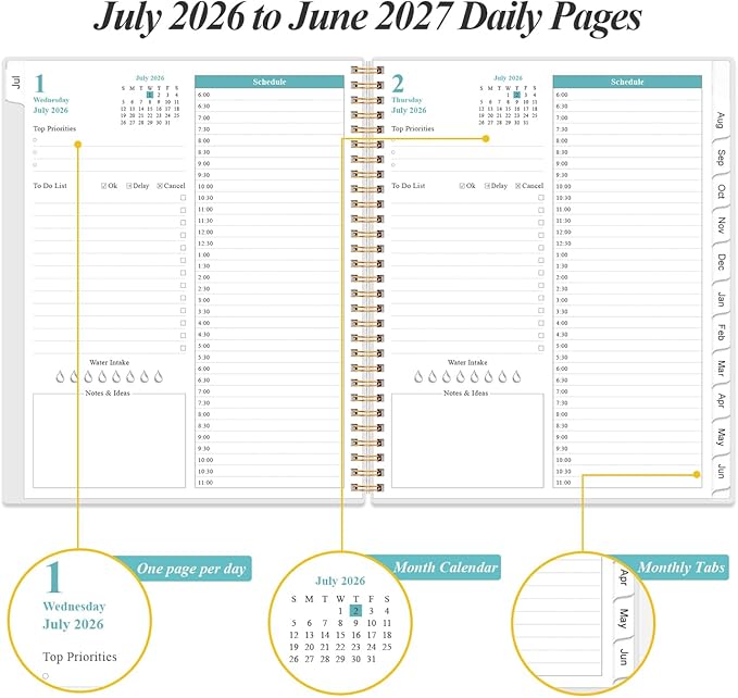 2026-2027 Daily & Monthly Planner - One Page Per Day, Daily Planner from July 2026 - June 2027, Planner 2026-2027 with 12 Monthly Tabs, 8.5" x 11", Blue Leaf Flower
