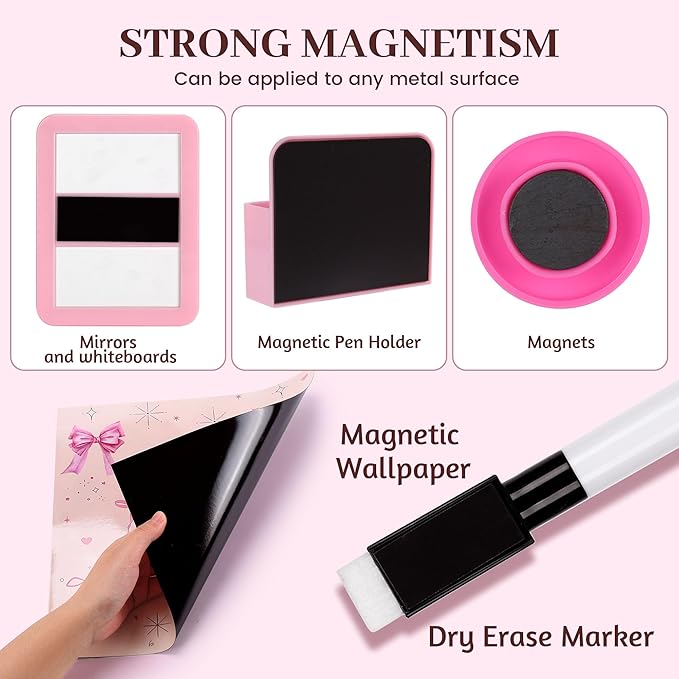 Elfcool 13 Pcs Locker Accessories Kit, Locker Decorations for Girls Boys Magnetic Pen Holder, Mirror, Whiteboard, Wallpaper, Magnets, Plush Rug, String Light, Back to School Essentials (Pink Bow)