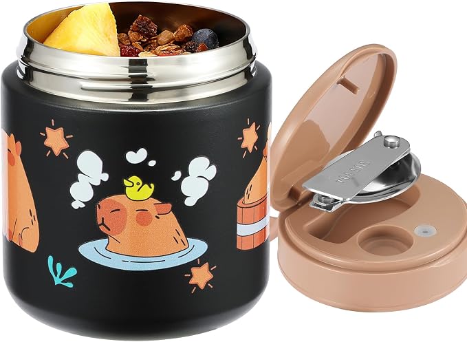 15.2 oz Kids Thermo Food Jar for Hot Food & Soup with Spoon, Capybara Black | Vacuum-insulated, leakproof wide mouth, 316 stainless steel interior, silicone handle, dishwasher-safe school lunch container
