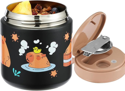 15.2 oz Kids Thermo Food Jar for Hot Food & Soup with Spoon, Capybara Black | Vacuum-insulated, leakproof wide mouth, 316 stainless steel interior, silicone handle, dishwasher-safe school lunch container