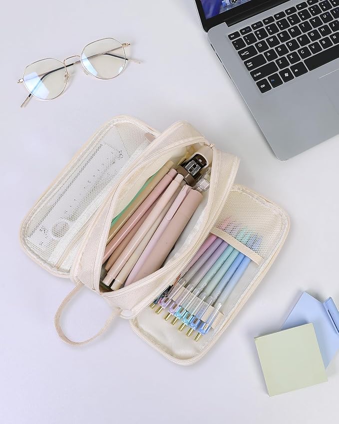 SKYDUE Large Capacity Pencil Case with Handle, 3 Compartment Canvas Pencil Pouch, Cute Soft Color Pencil Bag for Pens, Markers, Aesthetic Stationery and Organizer for Teen Girls Adult, Beige