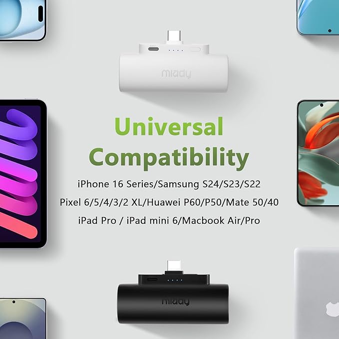 Miady 2-Pack 5000mAh Mini Portable Charger with Built-in Type C Connector, USB-C Output Charging Small Power Bank, Ultra-Compact Battery Pack Compatible with iPhone 17/16 Galaxy S24/S22 iPad (2 Black)