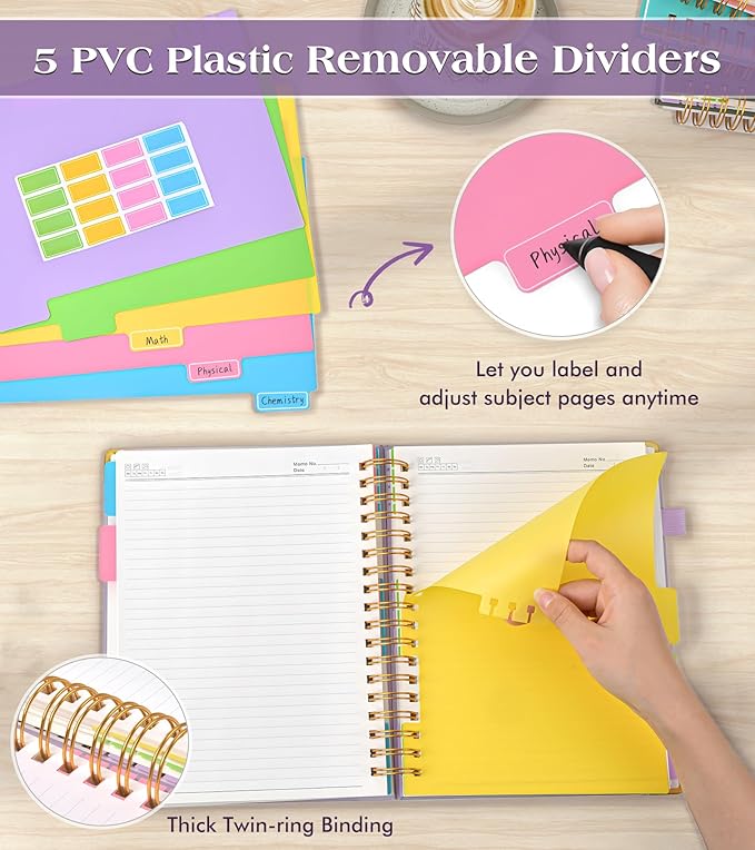 Spiral Notebook Journal with Removable Dividers Tabs, 300 Pages Hardcover Leather 5 Subject College Ruled Notebook, 8.5"x11" Large A4 Lined Journal for Women, Spiral Notebooks for Work School, Purple
