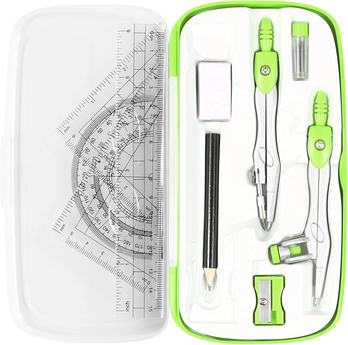 Vobou Math Geometry Kit Sets 10 Piece Student Supplies with Shatterproof Storage Box,Includes Rulers,Protractor,Compass,Eraser,Pencil Sharpener,Lead Refills,Pencil,for Drafting（Green）