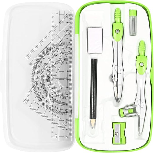 Vobou Math Geometry Kit Sets 10 Piece Student Supplies with Shatterproof Storage Box,Includes Rulers,Protractor,Compass,Eraser,Pencil Sharpener,Lead Refills,Pencil,for Drafting（Green）