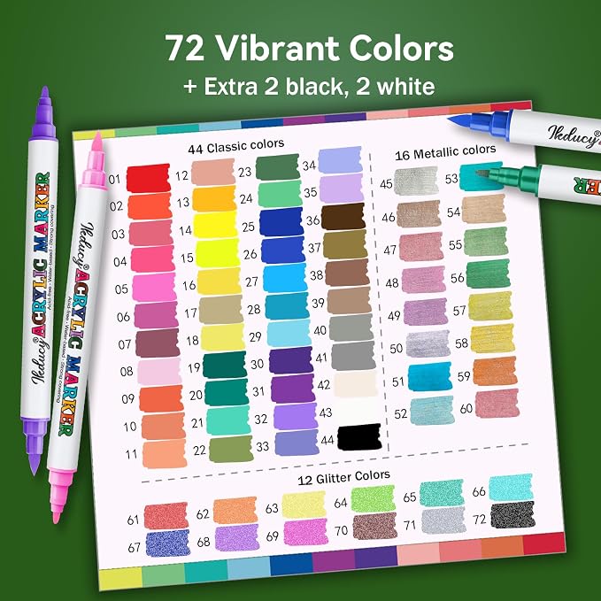 72 Colors Dual Tip Acrylic Markers Set with Fine Tip and Brush Tip