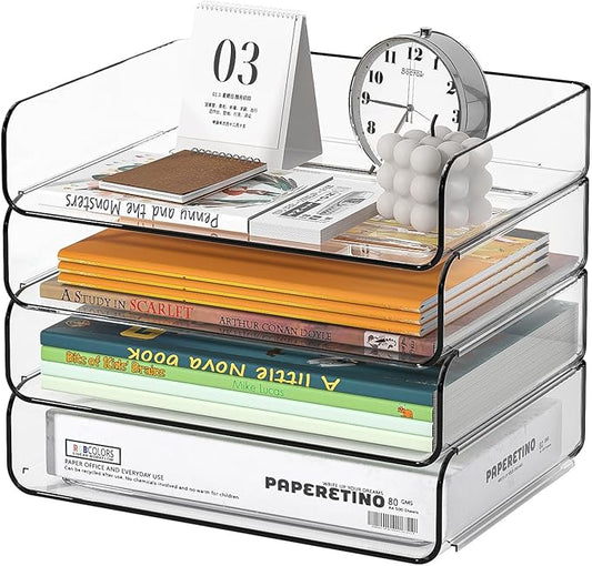 FANXIYQ 4-Tier Acrylic Paper Tray Organizer - Low-Profile Desk File Sorter for Office/Home, Clear Stackable Letter Tray for Bills, Crafts, Notebooks