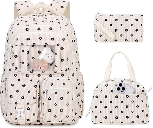 Corduroy Backpack 3PCS Kids Backpack for Girls School Bags for Middle School Students Book Bag for Elementary Primary Kawaii Ita Backpack with Lunch Box Pencil Case Set, Flower