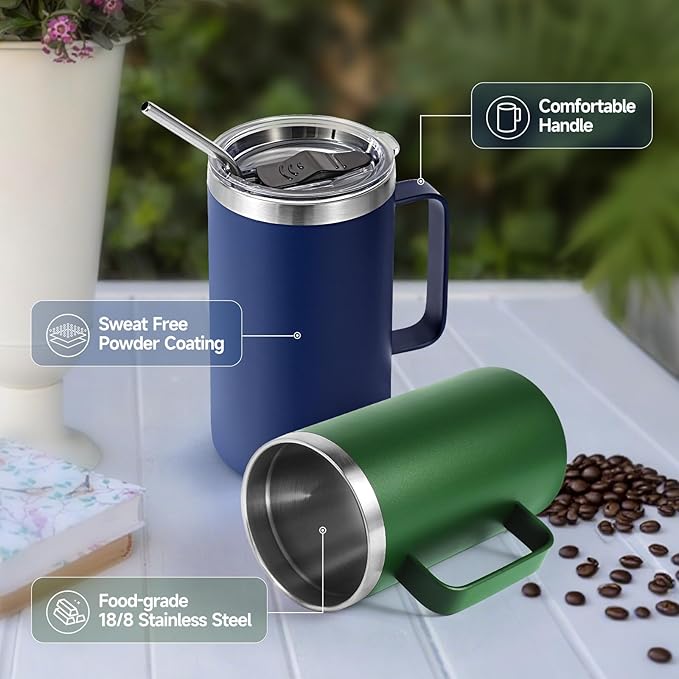 Volhoply 22oz Insulated Stainless Steel Coffee Mugs with Leakproof Lid Bulk 2 Pack,Double Wall Vacuum Travel Coffee Cup with Handle,Reusable Metal Tumbler,Camping Mug Keep Hot&Cold(Assort Color,2)