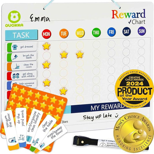 QUOKKA Reward Chart for Kids - Magnetic Behavior Chore Chart for Kids at Home - Dry and Erase Routine and Responsibility - Use 84 Magnets & 102 Stars - from Toddlers to Teens - Extended Version