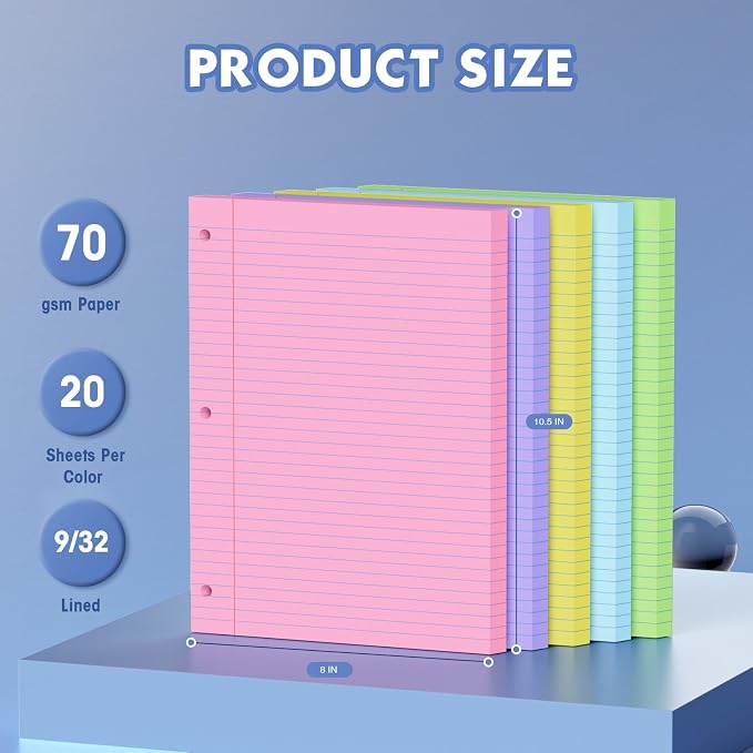 100 Sheets Colored 8x10.5 Inch Loose Leaf Paper, 5 Colored College Ruled 3 Hole Punched Notebook Paper, Color-Coded Note Taking for Students & Teachers, Office & School Supplies，20 Sheets Per Color