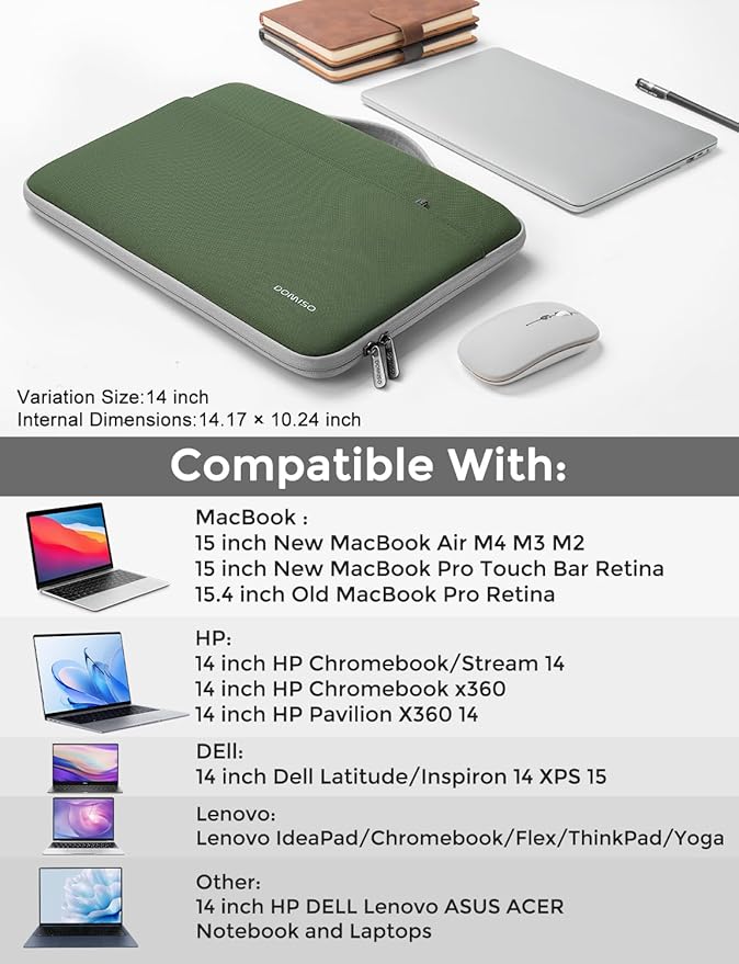 DOMISO 14 inch Laptop Case Sleeve Protective Cover Compatible with 15 inch MacBook Air M4 M3 M2,MacBook Pro,14-15 inch HP Dell ASUS Lenovo Chromebook,Waterproof Computer Cases Bag,Avocado Green