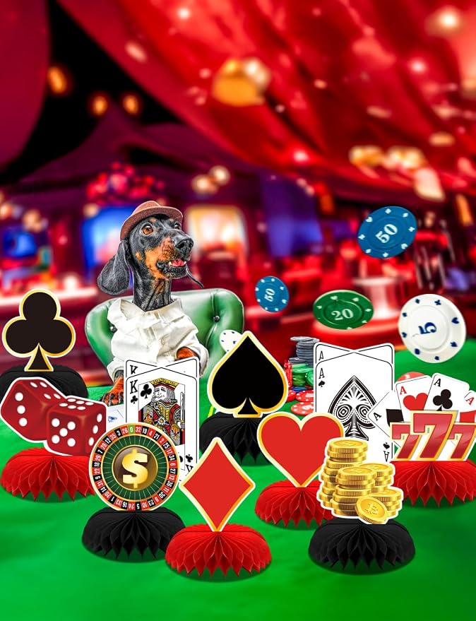 12Pcs Casino Theme Party Decorations, Casino Centerpieces for Tables 3D Red Black Honeycomb Centerpieces Topper Poker for Las Vegas Themed Birthday Game Night Casino Poker Party Supplies