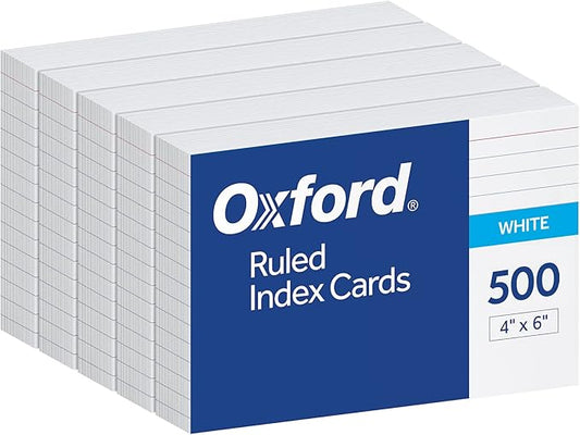 Oxford Index Cards, 500 Pack, 4x6 Index Cards, Ruled on Front, Blank on Back, White, 5 Packs of 100 Shrink Wrapped Cards (40178)