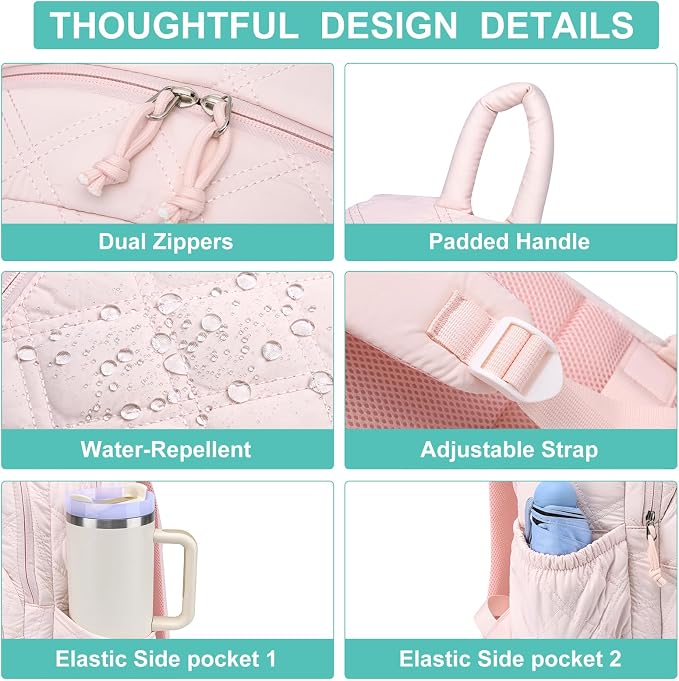 Backpack for Women Travel Bag: 15.6 Inch Laptop Backpacks Quilted College Bookbag Lightweight Casual Daypack Water-Resistant Computer Backpacks for Students Teacher Work Pink