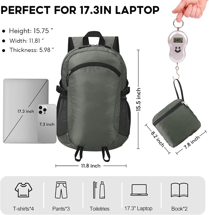 Small Hiking Backpack Travel Lightweight Hiking Packable Daypack Water-Resistant Foldable Backpacks 15L for Travel Women Men Camping (Grey)