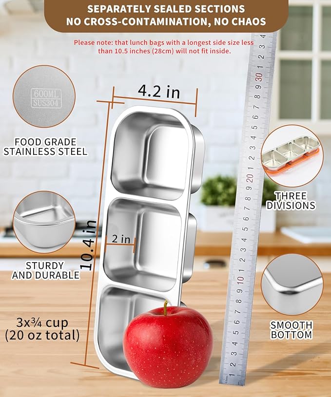 JUJOJB 1 Pack Stainless Steel Snack Containers, Bento Box With Lids,Leak Proof Metal Lunch Box with 3 Compartments,Reusable Lunch Meal Prep Containers for ffice,Work,Travel For Adults Little One