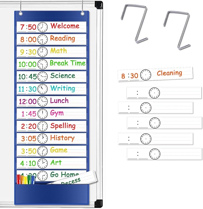 Daily Schedule Pocket Chart, 13+1 Pockets Visual Schedule for Kids, 18 Reusable Dry Eraser Cards 2 Over The Door Hooks, Daily Schedule for Kids, Classroom, School, Office or Home (BLUE)