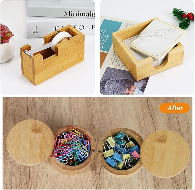 MultiBey Bamboo Desk Organizer Set, Magnetic Rotating Paper Clip Holder with Lid, Wood Tape Dispenser with Refills, Sticky Note Holder for Office & Home Desk Supplies (3-Piece Set)