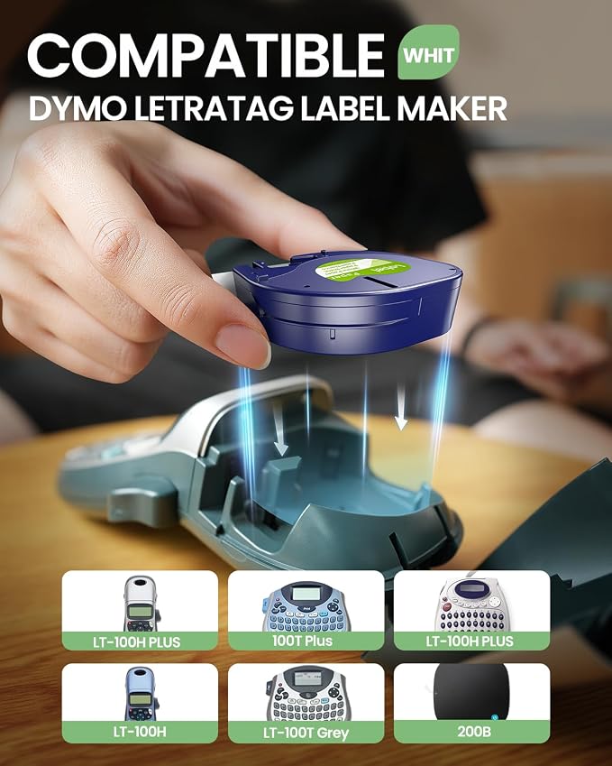 Compatible with Dymo Letratag Refills 91330 White Paper Label Maker Tape | Replacement for Dymo Label Maker LT-100H 100T Plus 200B Refills, 5-Pack Label KINGDOM 12mm x 4m (1/2" x 13') White Paper