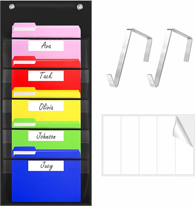 Storage Pocket Chart, Heavy Duty Wall File Organization Folder with 5 Clear File Pockets, 5 Blank Dry-Erase Name Stickers Plus 2 Over Door Hooks for Files, Bills, Classroom & Office (Black, 14” X 28”)