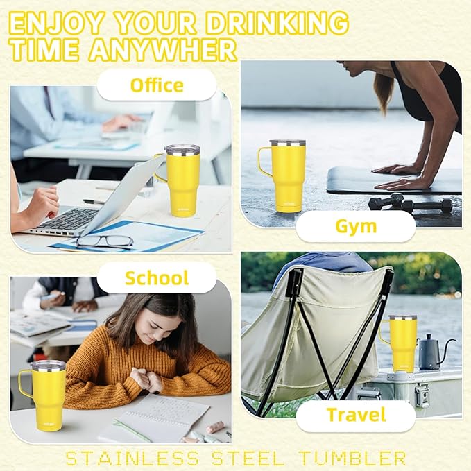20 oz Insulated Coffee Mug with Ceramic Coating, Stainless Steel Travel Mug Tumbler with Handle Lid and Straw, Double Wall Leak-Proof Coffee Travel Mug Keeps Drink Hot and Cold (Yellow)