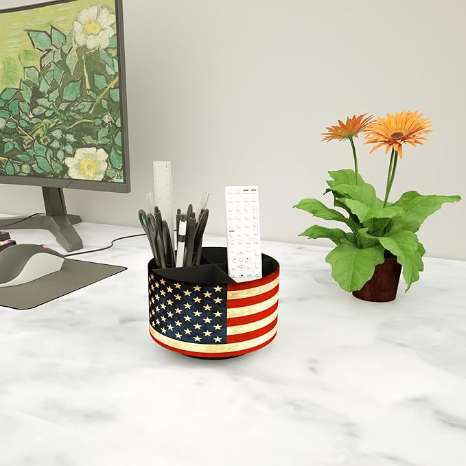 Round Leather Art Supply Organizer,Remote Control Holder,360 Degree Rotating,Multi-Functional Pencil Holder,4 Compartments Desktop Stationary Organizer(1-American Flag)