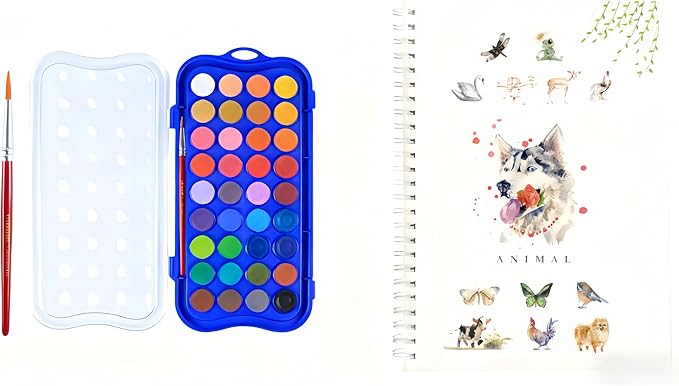 36 Colors Watercolor Book with Paint，Beginner Watercolor Workbook Kit, Watercolors Workbook (Animals -36 Colors)