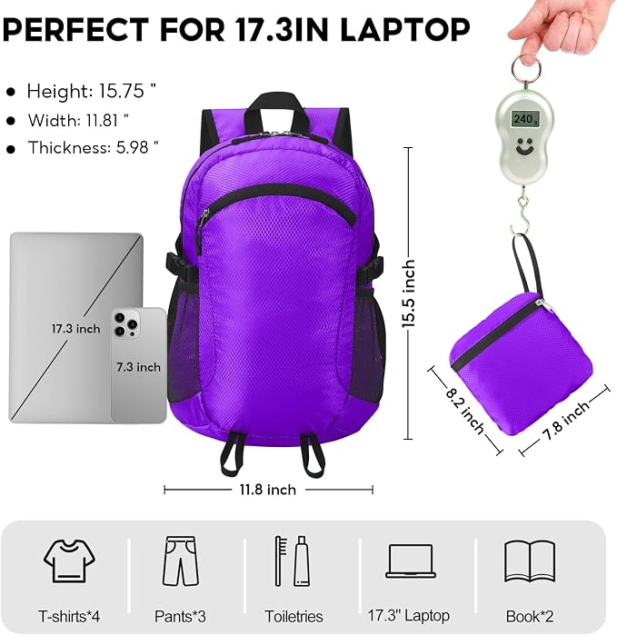 Small Hiking Backpack 15L Travel Lightweight Hiking Packable Daypack Water-Resistant Foldable Backpacks for Women Men Camping (Purple)